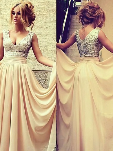 Champagne V-neck Sequined and Chiffon Pleats Inexpensive Bridesmaid Dresses #PDS01002016329