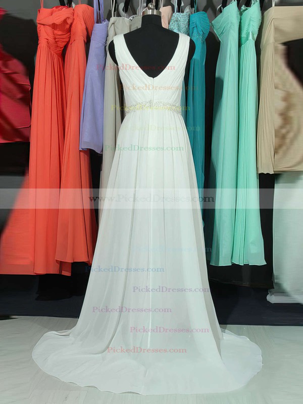 A-line V-neck Chiffon Sweep Train Lace Bridesmaid Dresses #PDS01002018761
