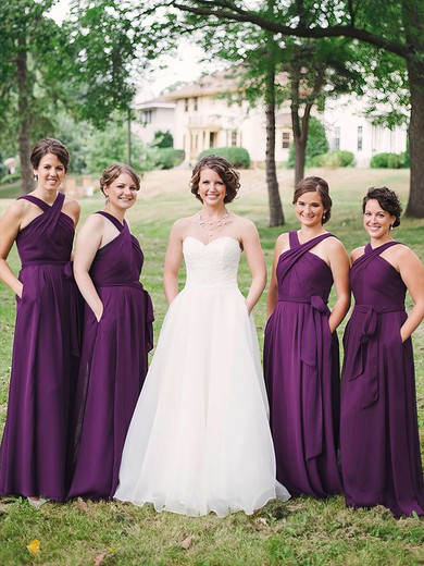 A-line V-neck Floor-length Chiffon Sashes / Ribbons Bridesmaid Dresses #PDS01013747