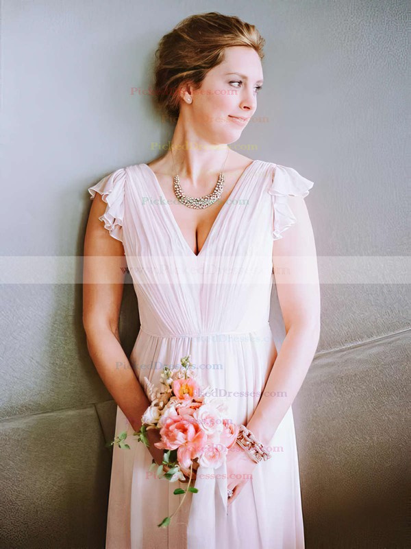 A-line V-neck Tea-length Chiffon Ruffles Bridesmaid Dresses #PDS01013754