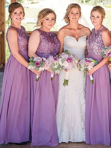 A-line Scoop Neck Floor-length Lace Chiffon Bridesmaid Dresses #PDS01013734
