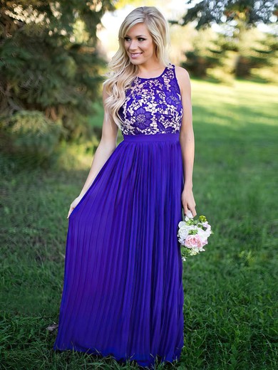 A-line Scoop Neck Floor-length Lace Chiffon Pleats Bridesmaid Dresses #PDS01013759