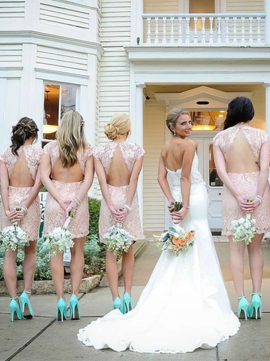 Sheath/Column Scoop Neck Short/Mini Lace Bridesmaid Dresses #PDS01013740