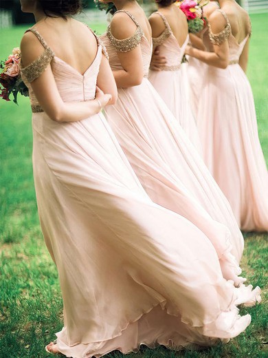 A-line V-neck Floor-length Chiffon Beading Bridesmaid Dresses #PDS01013746