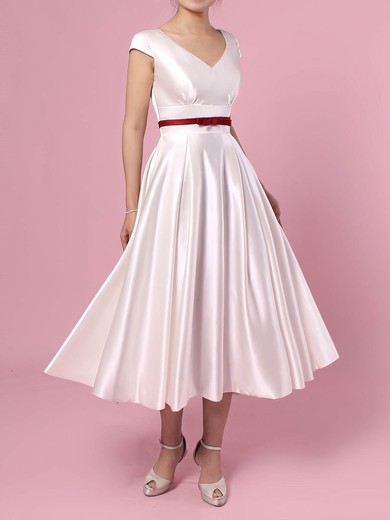 Princess V-neck Tea-length Satin Sashes / Ribbons Wedding Dresses #PDS00023271