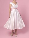 Princess V-neck Tea-length Satin Sashes / Ribbons Wedding Dresses #PDS00023271