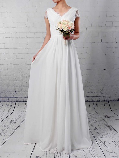 A-line V-neck Floor-length Lace Chiffon Ruffles Wedding Dresses #PDS00023283
