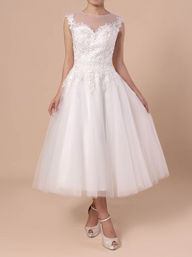 Ball Gown Scoop Neck Tea-length Tulle Beading Wedding Dresses #PDS00023268