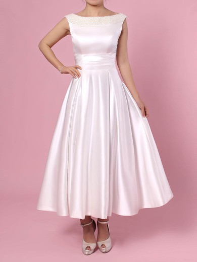 Princess Scoop Neck Tea-length Satin Bow Wedding Dresses #PDS00023269