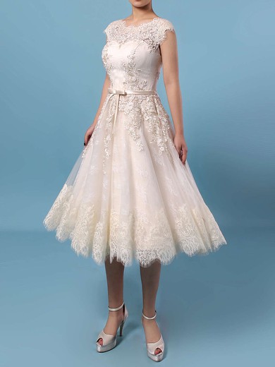 A-line Scoop Neck Knee-length Lace Tulle Appliques Lace Wedding Dresses #PDS00023302