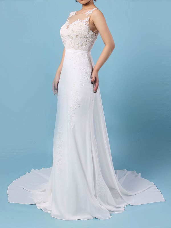 Trumpet/Mermaid Scoop Neck Watteau Train Chiffon Appliques Lace Wedding Dresses #PDS00023156