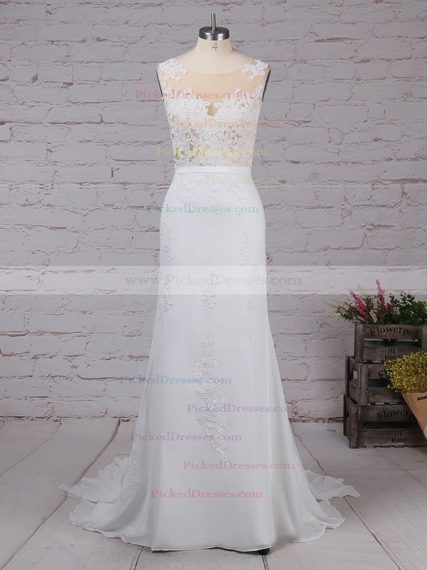 Trumpet/Mermaid Scoop Neck Watteau Train Chiffon Appliques Lace Wedding Dresses #PDS00023156