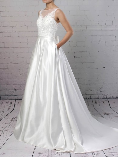 Ball Gown Scoop Neck Sweep Train Satin Tulle Appliques Lace Wedding Dresses #PDS00023170