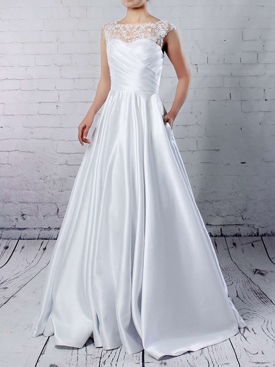 Ball Gown Scoop Neck Floor-length Satin Tulle Appliques Lace Wedding Dresses #PDS00023313