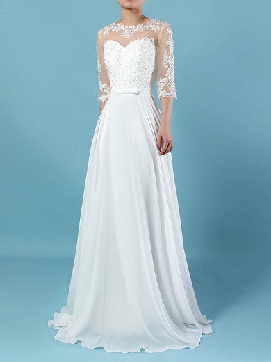 A-line Scoop Neck Floor-length Chiffon Tulle Appliques Lace Wedding Dresses #PDS00023279