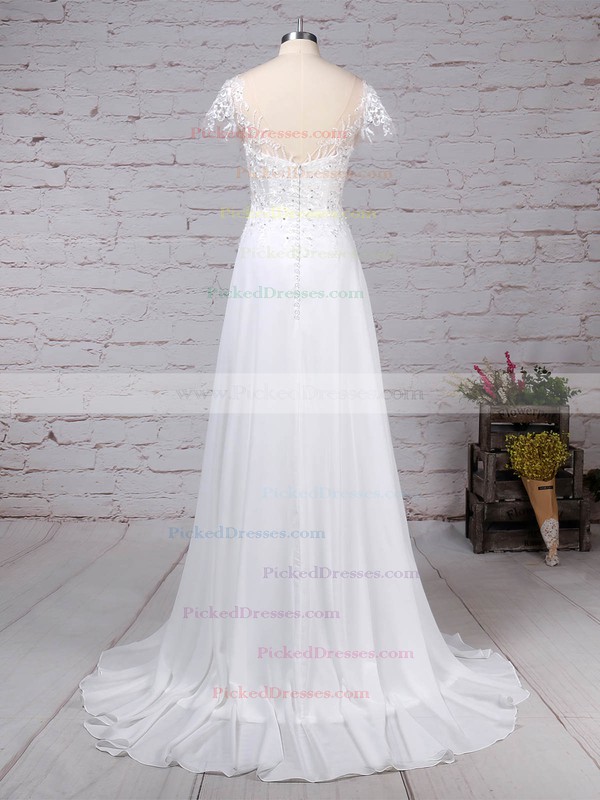 A-line Scoop Neck Sweep Train Chiffon Tulle Beading Wedding Dresses #PDS00023165
