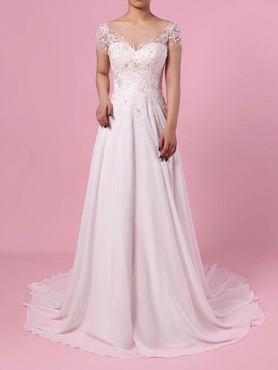 A-line Scoop Neck Sweep Train Chiffon Tulle Beading Wedding Dresses #PDS00023165