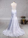 Trumpet/Mermaid V-neck Sweep Train Tulle Silk-like Satin Beading Wedding Dresses #PDS00023242