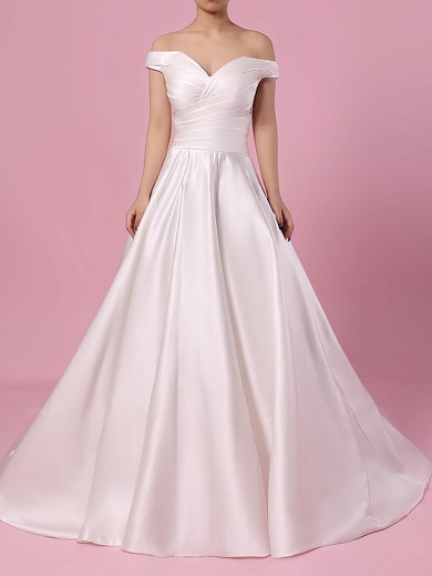 Ball Gown Off-the-shoulder Sweep Train Satin Ruffles Wedding Dresses #PDS00023252