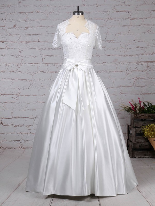 Ball Gown Sweetheart Floor-length Lace Satin Bow Wedding Dresses #PDS00023256