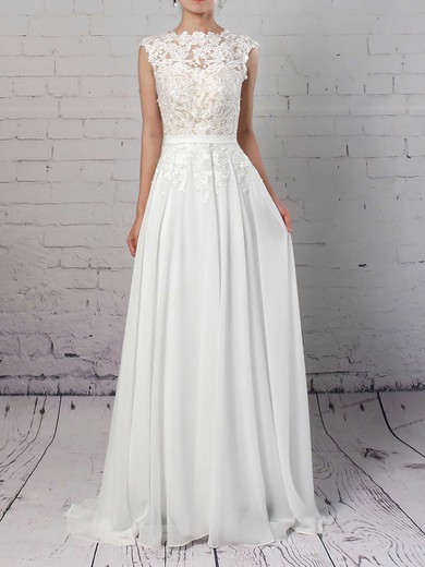 A-line Scoop Neck Sweep Train Lace Chiffon Sashes / Ribbons Wedding Dresses #PDS00023294