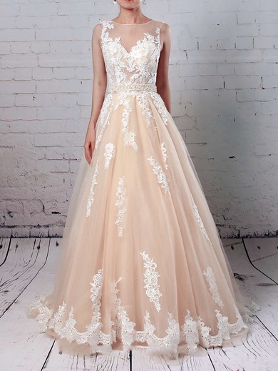 Ball Gown Scoop Neck Sweep Train Tulle Beading Wedding Dresses #PDS00023186
