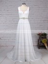 A-line V-neck Sweep Train Lace Tulle Sashes / Ribbons Wedding Dresses #PDS00023210