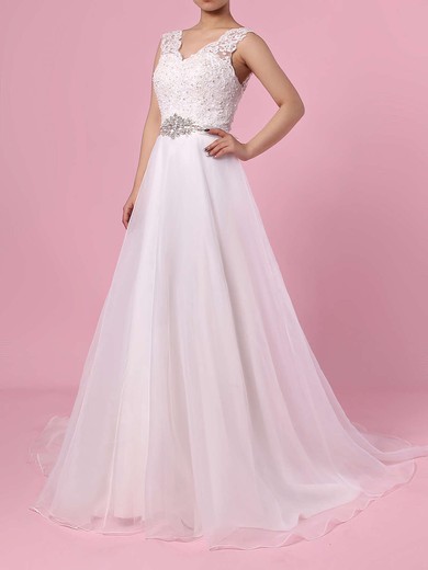 Princess V-neck Sweep Train Chiffon Appliques Lace Wedding Dresses #PDS00023282