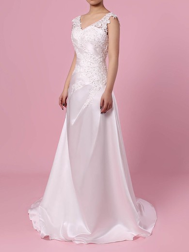 Princess V-neck Sweep Train Satin Tulle Appliques Lace Wedding Dresses #PDS00023301
