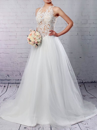 Princess Scoop Neck Sweep Train Tulle Appliques Lace Wedding Dresses #PDS00023309