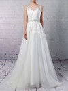 A-line Scoop Neck Sweep Train Tulle Appliques Lace Wedding Dresses #PDS00023318