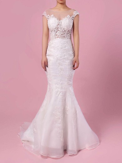 Trumpet/Mermaid Scoop Neck Sweep Train Tulle Appliques Lace Wedding Dresses #PDS00023152
