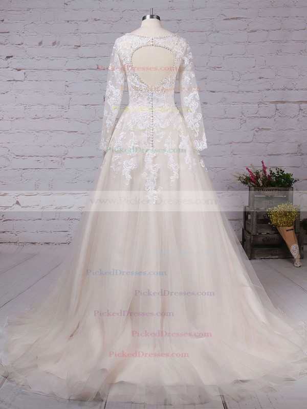 Ball Gown V-neck Court Train Tulle Beading Wedding Dresses #PDS00023154