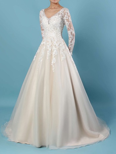 Ball Gown V-neck Court Train Tulle Beading Wedding Dresses #PDS00023154