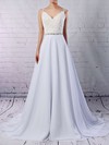 Princess V-neck Sweep Train Chiffon Tulle Beading Wedding Dresses #PDS00023181