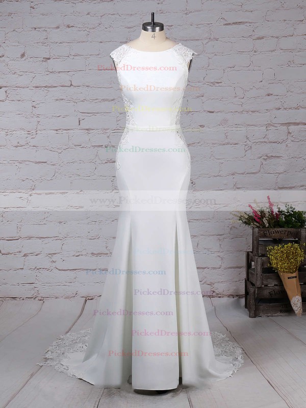 Trumpet/Mermaid Scoop Neck Sweep Train Tulle Satin Chiffon Appliques Lace Wedding Dresses #PDS00023278