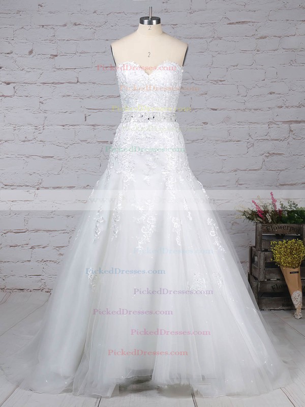 Trumpet/Mermaid Sweetheart Court Train Tulle Appliques Lace Wedding Dresses #PDS00023150