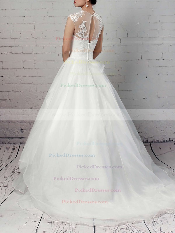 Ball Gown Scoop Neck Sweep Train Organza Tulle Appliques Lace Wedding Dresses #PDS00023192