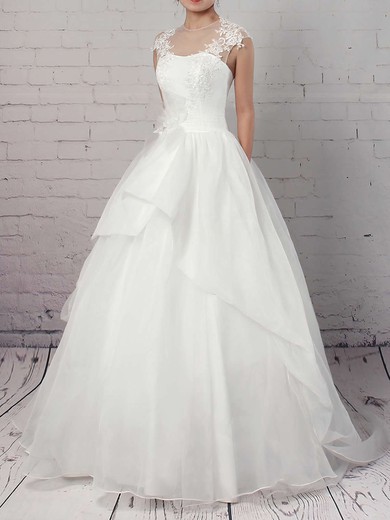Ball Gown Scoop Neck Sweep Train Organza Tulle Appliques Lace Wedding Dresses #PDS00023192