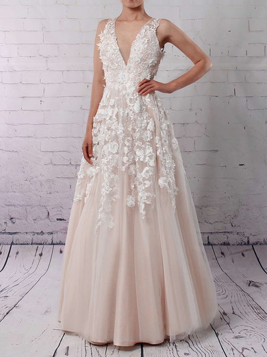 Princess V-neck Floor-length Tulle Appliques Lace Wedding Dresses #PDS00023122