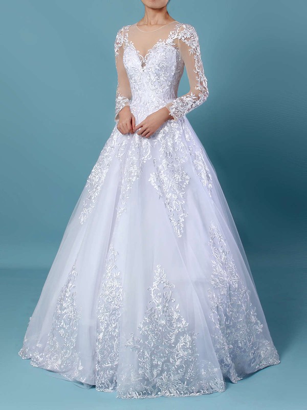 Ball Gown Scoop Neck Sweep Train Organza Tulle Appliques Lace Wedding Dresses #PDS00023141
