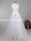A-line V-neck Sweep Train Tulle Beading Wedding Dresses #PDS00023164