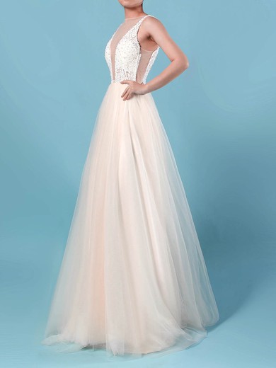 Princess Scoop Neck Sweep Train Tulle Lace Wedding Dresses #PDS00023182