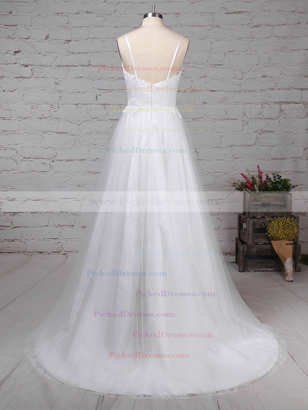 A-line V-neck Sweep Train Tulle Lace Appliques Lace Wedding Dresses #PDS00023211