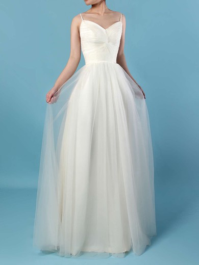 A-line V-neck Floor-length Tulle Ruffles Wedding Dresses #PDS00023214