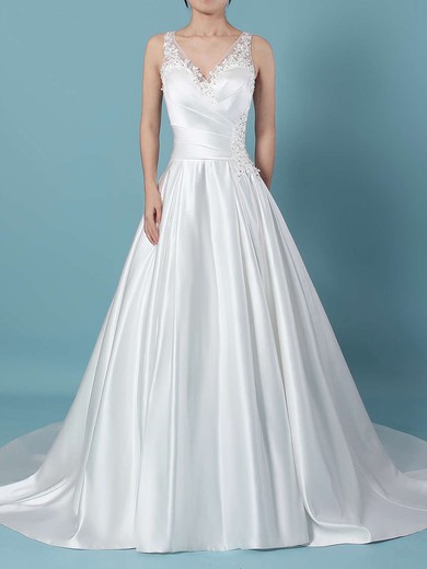 Ball Gown V-neck Sweep Train Satin Tulle Beading Wedding Dresses #PDS00023239