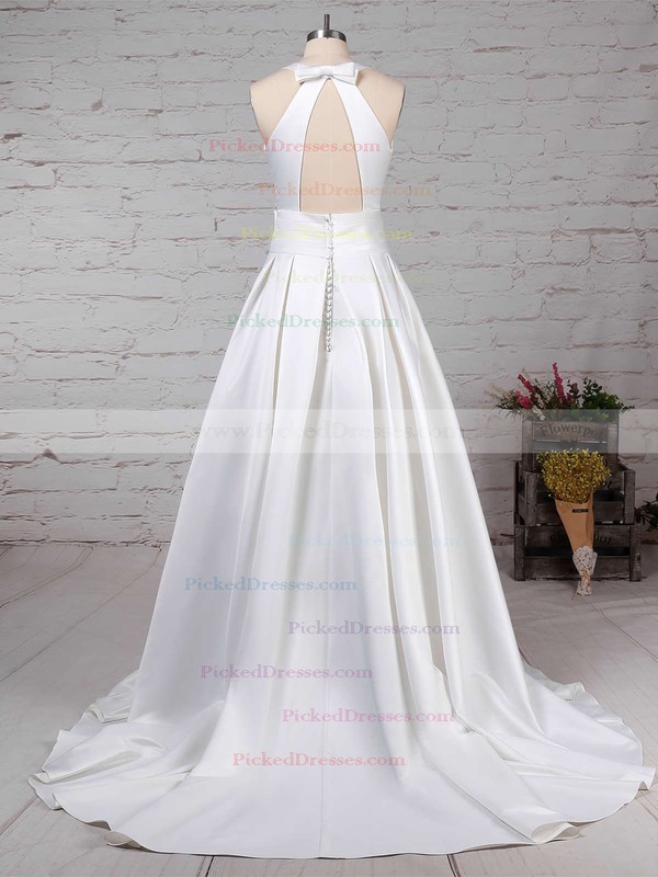 Ball Gown Scoop Neck Sweep Train Satin Bow Wedding Dresses #PDS00023255