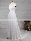 A-line V-neck Sweep Train Chiffon Beading Wedding Dresses #PDS00023289