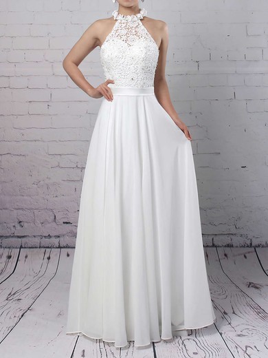 A-line High Neck Floor-length Lace Chiffon Beading Wedding Dresses #PDS00023296