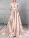 Ball Gown Scoop Neck Sweep Train Satin Tulle Appliques Lace Wedding Dresses #PDS00023314